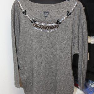 Rafaella grey tweed pullover embellished neck XL 3/$25